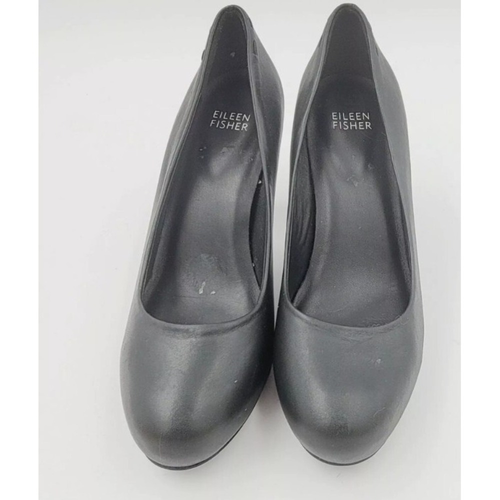 Eileen Fisher Slate Gray Leather Round Toe Block Heel Classic Pumps Size 7 NEW - Picture 2 of 10